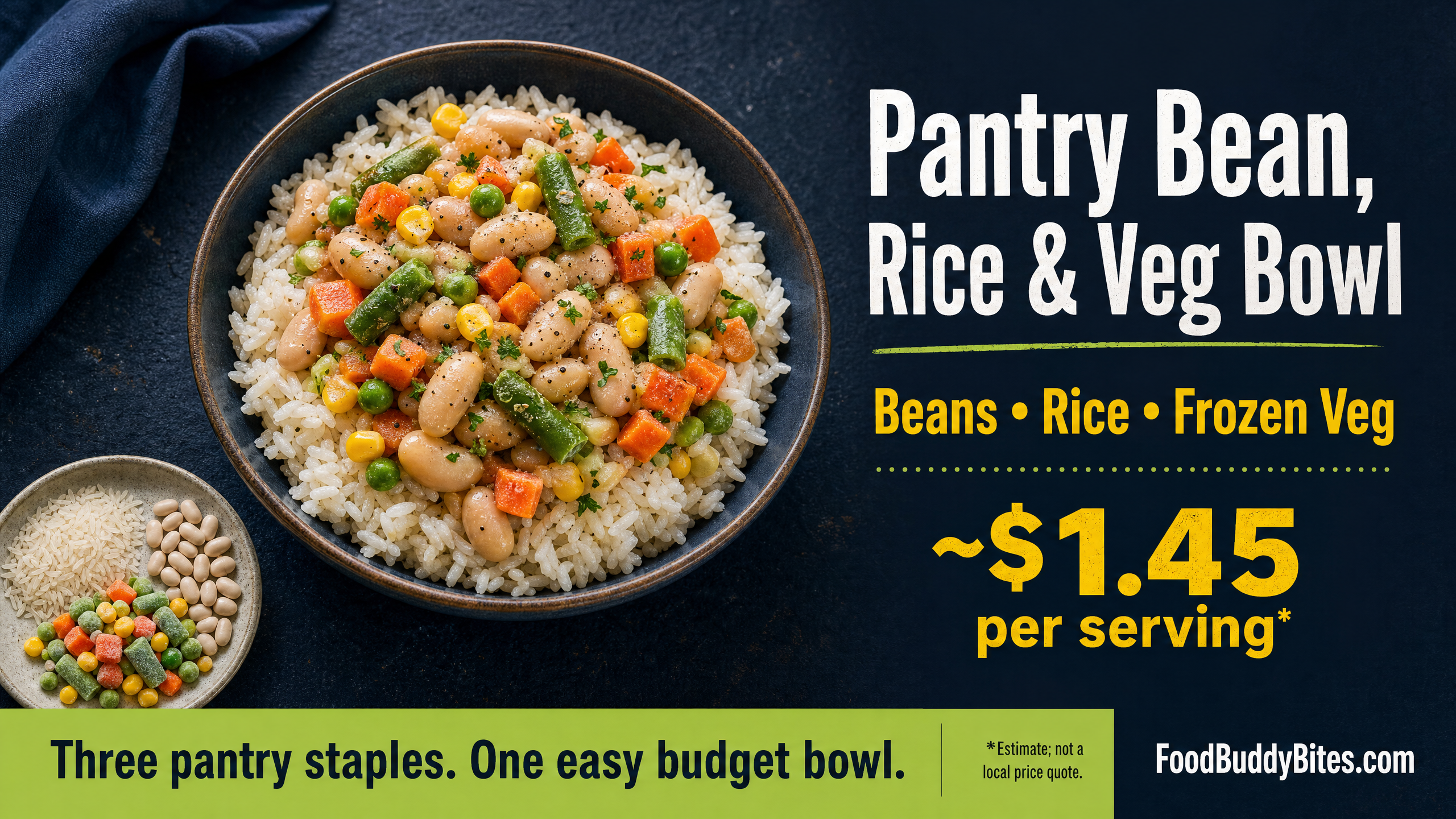 Pantry Bean, Rice and Veg Bowl recipe graphic